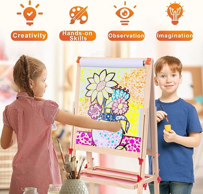 Wooden Adjustable Easel for Kids,Quick-Fold Kids Easel with Paper Roll&Accessories, Double Sided Painting Easel for Toddlers 3,4,5,6,7,8,9,10 Years,Perfect Painting Gifts&Supplies for Boys&Girls