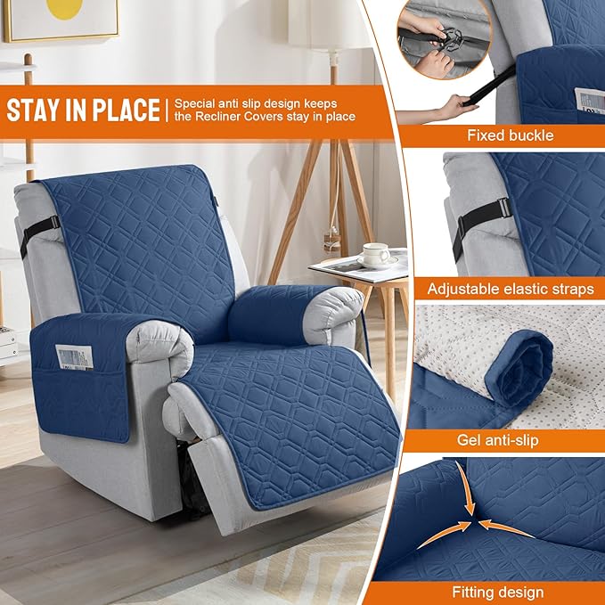 VANSOFY 100% Waterproof Recliner Chair Covers, Recliner Cover Non-Slip Dog Chair Cover Furniture Protector Washable Slipcover with Pocket, Elastic Straps for Pets, Dogs(Ocean Blue, 30")