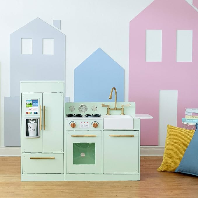 Teamson Kids Little Chef Charlotte Kids Play Kitchen, Wooden Kitchen Playset for Toddlers with Accessories, Pretend Ice Maker, Modular Design, & Storage Space, Mint/Gold, Gift for Ages 3+