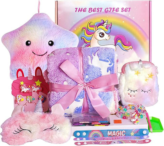 Unicorn Gifts for Girls, 14PCS Unicorn Toys Birthday Gifts for Girls Age 3 4 5 6 7 8 Years Old with Light Up Star Pillow Plush Blanket Diamond Art Bracelet, Girls Kids Toys