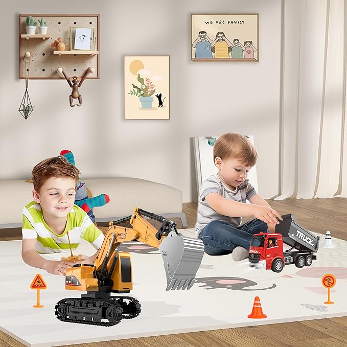 Play-Vehicles Kids Excavator Trucks Toy - Pull Back Powered Red 2 Pack 3-12 Boys