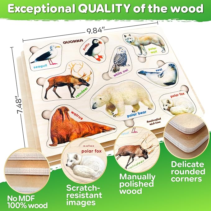 QUOKKA Wooden Puzzles for Toddlers – 3xSET Toddler Puzzles AES – Montessori Insects Toy Puzzles for Toddlers – Wood Toy Learning Realistic Insects, Arctic Animals, Birds for Boy and Girl