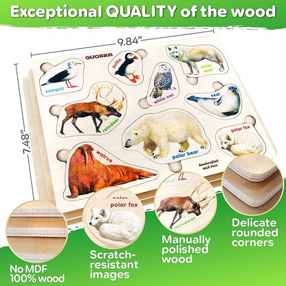 QUOKKA Wooden Puzzles for Toddlers – 3xSET Toddler Puzzles AES – Montessori Insects Toy Puzzles for Toddlers – Wood Toy Learning Realistic Insects, Arctic Animals, Birds for Boy and Girl