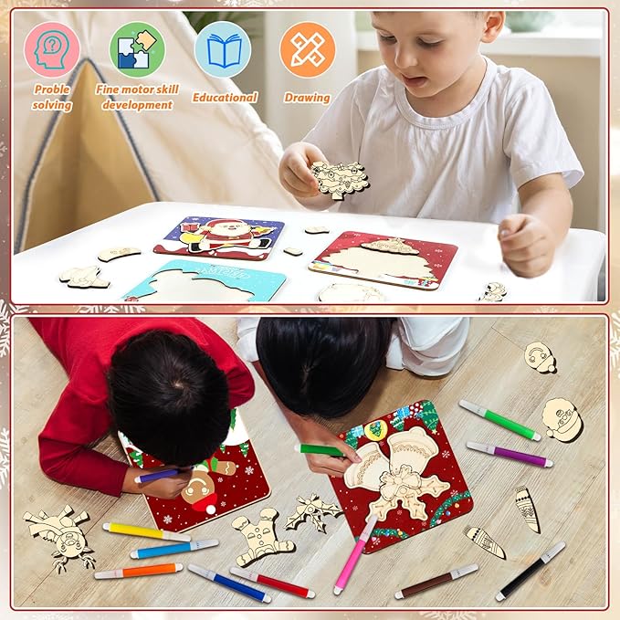 8 Pack Christmas Wooden Puzzles for Toddlers Christmas Puzzles Coloring Craft Kits for Kids Christmas Stocking Stuffers Crafts Toys Winter Xmas Party Favors Gifts Educational Jigsaw Puzzle