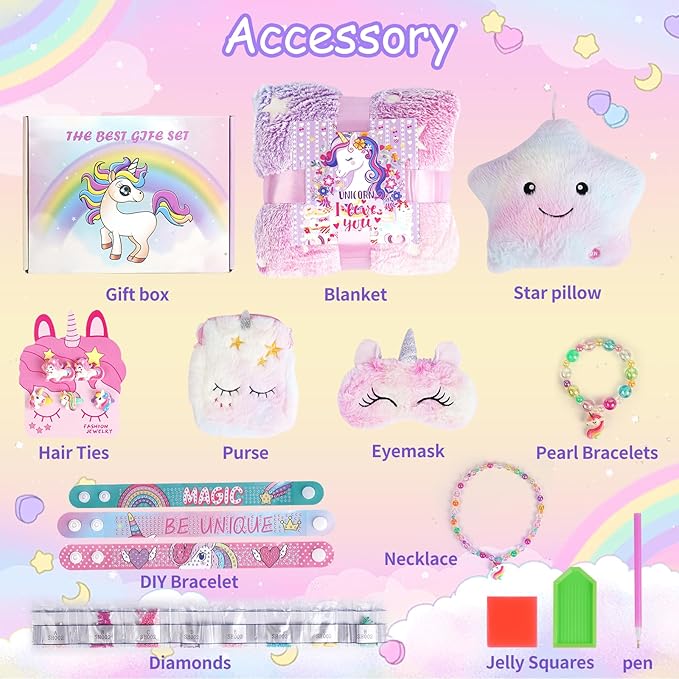 Unicorn Gifts for Girls, 14PCS Unicorn Toys Birthday Gifts for Girls Age 3 4 5 6 7 8 Years Old with Light Up Star Pillow Plush Blanket Diamond Art Bracelet, Girls Kids Toys
