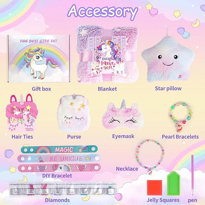 Unicorn Gifts for Girls, 14PCS Unicorn Toys Birthday Gifts for Girls Age 3 4 5 6 7 8 Years Old with Light Up Star Pillow Plush Blanket Diamond Art Bracelet, Girls Kids Toys
