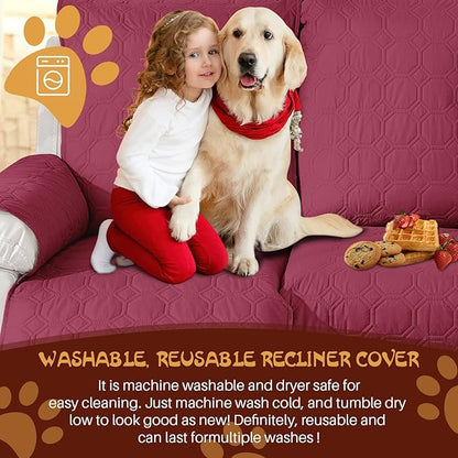 XINEAGE 100% Waterproof Recliner Chair Cover, Non Slip Covers for Recliner Chair with Pocket, Washable Dog Recliner Couch Cover with Elastic Straps (Wine Red, 22")