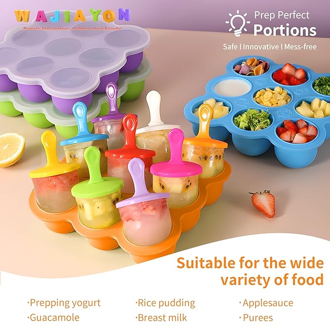 WAJIAYON Baby Food Storage Container, Silicone Baby Food Freezer Tray with Lid