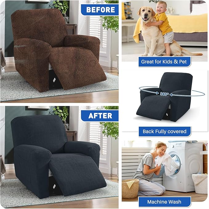 MAXIJIN Waterproof Recliner Chair Covers 3 Pieces Recliner Cover That Stay in Place, Washable Lazy Boy Recliner Slipcovers with Pockets Reclining Protector for Pet, Kids (Recliner, Dark Gray)