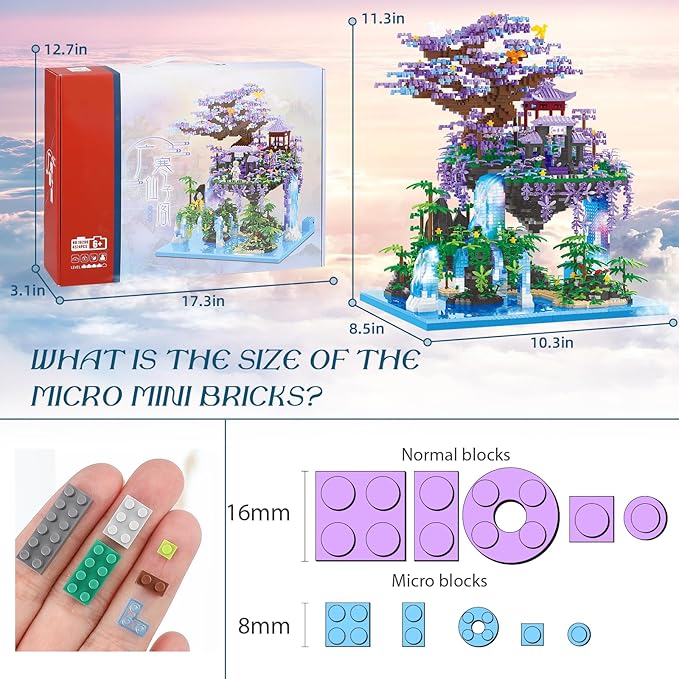 Chinese Moon Palace Pavilion Building Blocks Set - Micro Miniature Bonsai Tree House with String Lights and Flowers for Adults and Kids (4574 Pieces)
