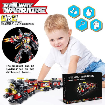 Transforming Train Building Block Toys for Boys Girls Aged 6-12.Steam Train or 8 Locomotive Models or Train Warrior Robot.Wheeled Train Toys.8in2 Construction Toys.Idea Gifts for Kids(766P)