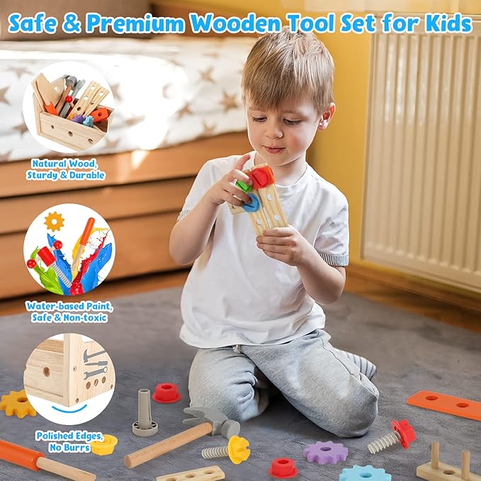 Vextronic Kids Tool Set, Wooden Toddler Tool Set with Tool Box/Bench, Montessori Toys for 1 2 3 4 5 6 Year Old, Play Toy Tools Kit, Educational STEM Construction Christmas Birthday Gift for Boys Girls