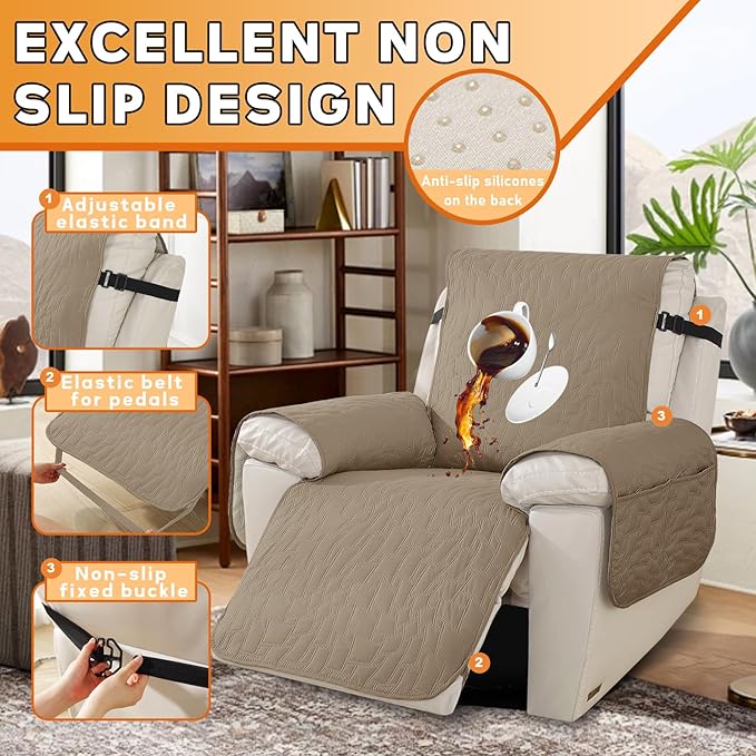 XINEAGE 100% Waterproof Recliner Chair Covers with Elastic Straps, Nonslip Reclining Couch Covers Washable Recliner Couch Cover with Pockets Furniture Protector for Pets Dogs (Light Coffee, 25")