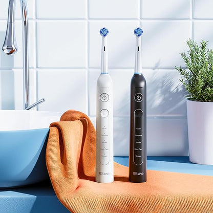 Bitvae Rotating Electric Toothbrush 2 Packs for Adults with Pressure Sensor, Gifts for Men/Women, 5 Modes Rechargeable Power Toothbrush with 8 Brush Heads, Black & White, R2