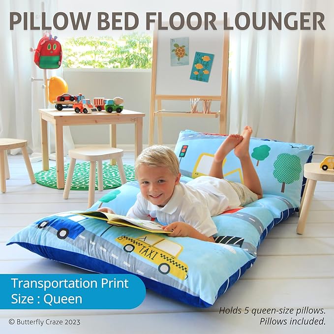 Butterfly Craze Floor Pillow Bed Lounger, Cozy and Stylish Seating Solution for Kids & Adults, Recliner Floor Cushion for Ultimate Comfort, 5 Pillows Already Included, Transportation, Queen