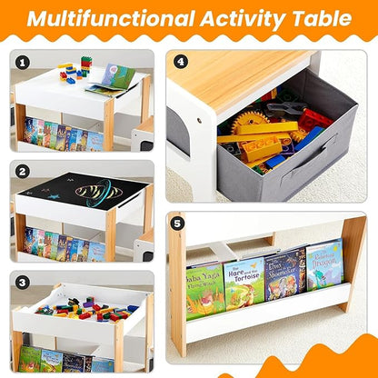 Asweets Kids Table and Chair Set, 4 in 1 Toddler Desk with Storage Drawer,Wooden Activity Table for 2 in 1 Detachable Tabletop,Bookshelf,Suitable for Classroom,Home,Nursery,Playroom (Natural White)