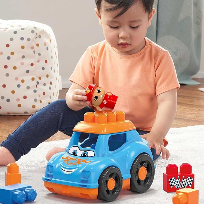 Mega BLOKS First Builders Toddler Building Blocks Toy Set, Ricky Race Car with 6 Pieces and Storage 1 Figure, 1+ Years