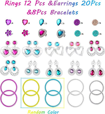 WATINC 52Pcs Princess Jewelry Toy Pretend Play Capes Cloaks Ballet Tutu Skirts for Little Girls Crowns Necklaces Jewel Rings Earrings Bracelets Wands Cape Shawl Costume Dress Up Accessories for Kids