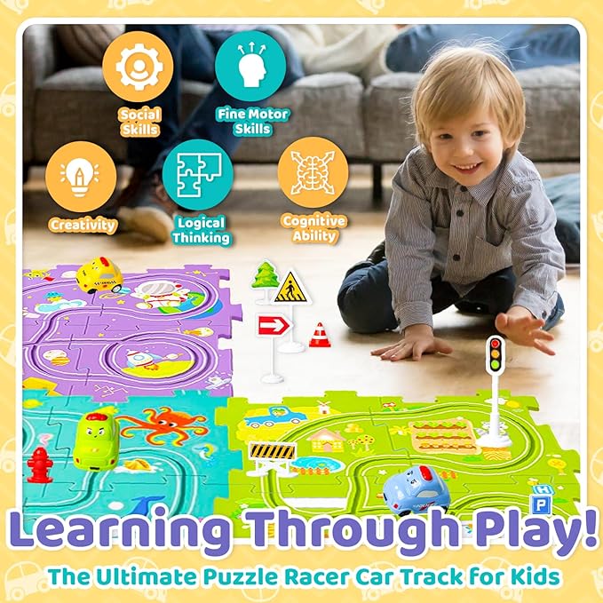 Marlo & Buzz Puzzle Racer Kids Car Track Play Set, Themed Educational Puzzles Racers Tracks with Electric Vehicles for 3+ Childrens (3 Theme (Ocean 24, pcs)
