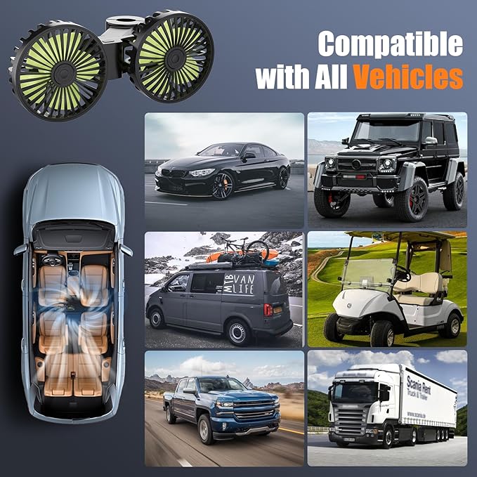 USB Car Cooling Fans for Backseat: Dual Head Car Fan for Kids 3 Speeds 360° Rotatable Vehicle Rear Headrest Fans 5V Powerful Electric Air Circulation Fan for Sedan SUV RV Truck (Black+Green)