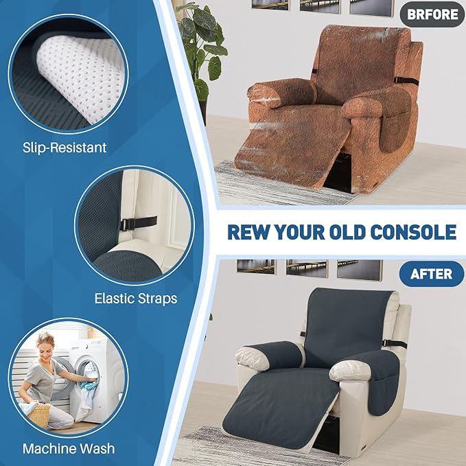 Easehomey Waterproof Recliner Chair Cover, Non-Slip Recliner Cover with Elastic Straps Two Pockets Slipcover Washable Oversized Reclining Chair Cover Furniture Protector for Kids,Pets (Dark Grey,28")