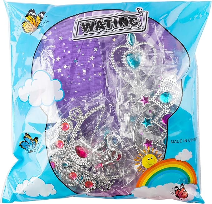 WATINC 52Pcs Princess Jewelry Toy Pretend Play Capes Cloaks Ballet Tutu Skirts for Little Girls Crowns Necklaces Jewel Rings Earrings Bracelets Wands Cape Shawl Costume Dress Up Accessories for Kids