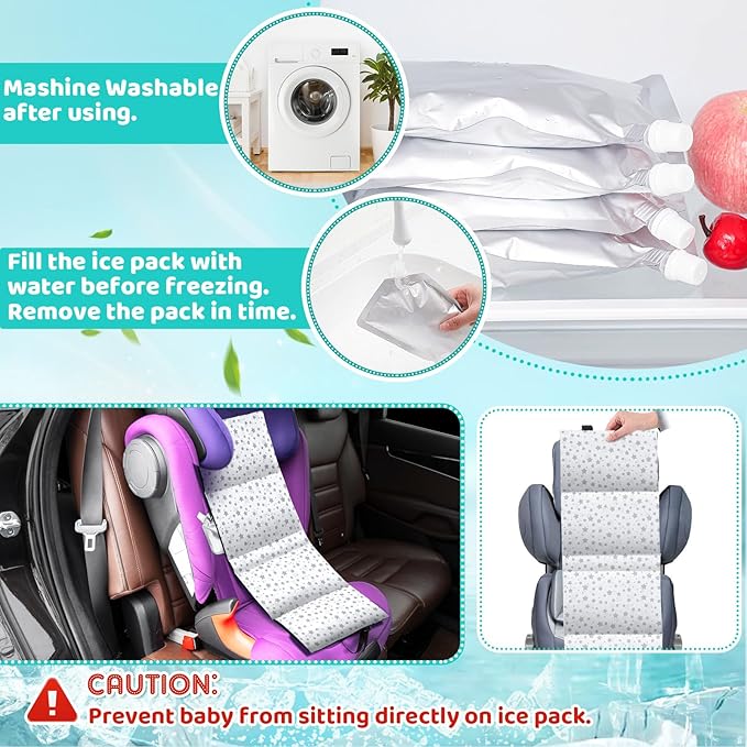 Car Seat Cooling Pad for Babies, Toddlers, Infants, and Kids, Carseat Cooler Pad with 6 Removable Insulated Ice Packs, Washable, Easy to Clean, for Summer Sun and Heat Cover Protector