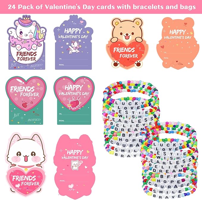 Valentines Day Cards for Kids Classroom, 24 Pack Valentines Gift Cards with Friendship Bead Bracelets, Valentines Gift Exchange for Boys Girls, Valentines Party Favors Supplies for Kids