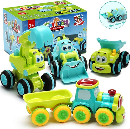 Toys for a 2 Year Old Boy - 4 Friction Powered Trucks for 3+ Year Old Boys, Push & Go Cars Cartoon Construction Vehicle Set
