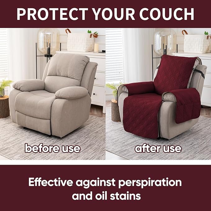 Easehomey 100% Waterproof Recliner Chair Covers, Non Slip Dog Chair Cover Furniture Protector Washable Chair Cover with Pocket, Elastic Straps for Kids,Pets,Dogs (Wine Red, 23.6")