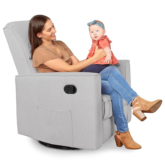 Evolur Raleigh Glider in Grey, Upholstered Plush Seating 360° Swivel Glider Rocking Chair, FSC Certified, Greenguard Gold & JPMA Certified Nursery Glider Recliner