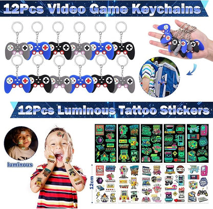 Winrayk 136Pcs Kids Video Game Party Favors Gamer Birthday Supplies, Straw VIP Pass Bag Bracelet Stamper Glow Sticker Keychain, Pinata Filler Goody Stuffer Girl Boy Game On Gaming Party Favors Decor