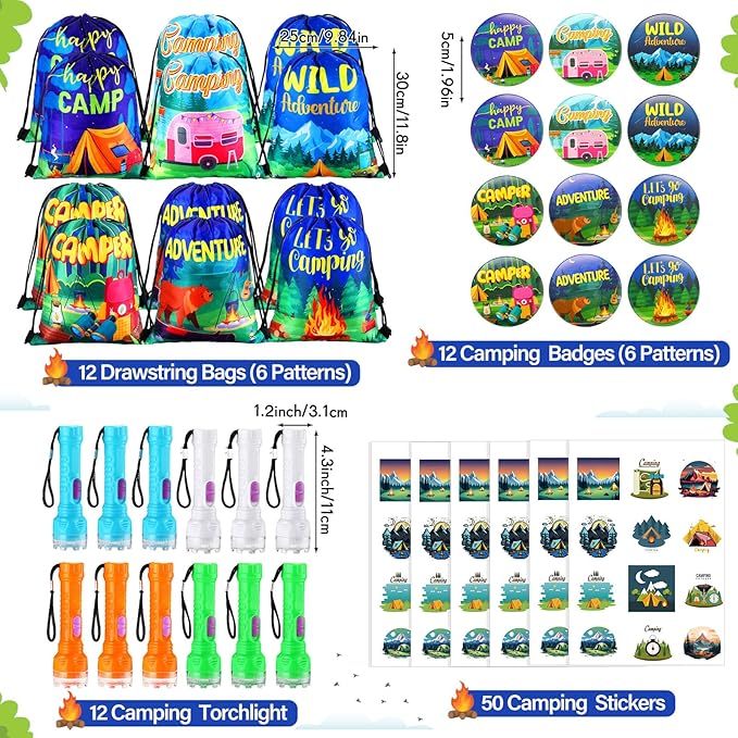 Zhanmai 140 Pcs Camping Party Favors Include Silicone Bracelets, Stickers, Camping Keychain, Badge, Camouflage Pencils, Spiral Camp Adventure Theme Notepads Drawstring Bags Mini Flashlight for Kids