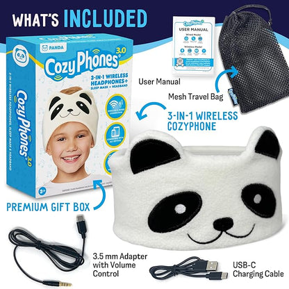 Toddler Headphones Wireless, Kids Bluetooth Earphones, Safe Volume - Wired School Headphones for Kids with 3.5 MM Jack and Travel Bag - Toddler Airplane Accessories for Boys & Girls - Panda