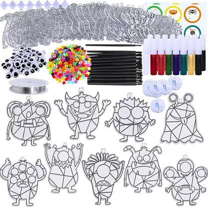 Winlyn 27 Sets Halloween Craft Kits Fall Crafts Monster Suncatchers Ornaments Decorations DIY Window Paint Art Suncatchers Hanging Monster Sun Catchers for Kids Classroom Party Activities