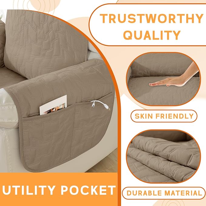 XINEAGE 100% Waterproof Recliner Chair Covers with Elastic Straps, Nonslip Reclining Couch Covers Washable Recliner Couch Cover with Pockets Furniture Protector for Pets Dogs (Light Coffee, 25")