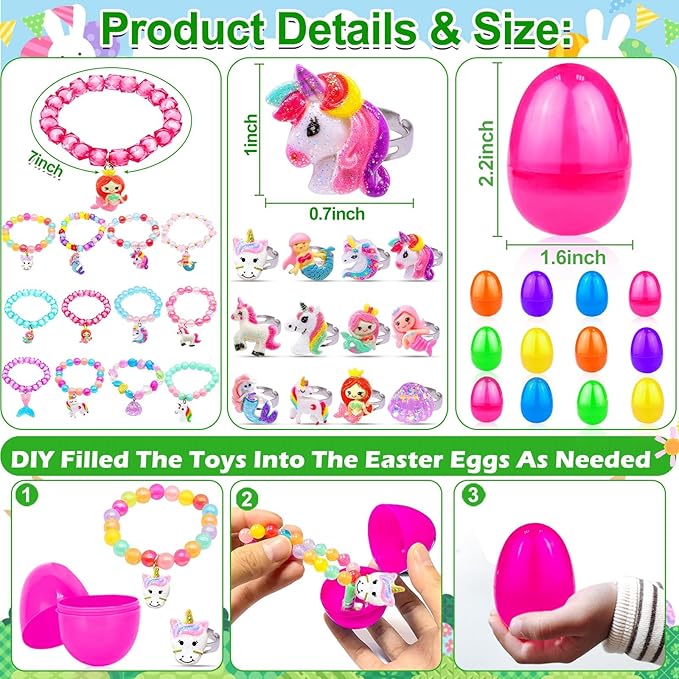 TURNMEON Easter Gifts Basket Stuffers for Girls Toddler Kids Include 12 Easter Eggs 12 Colorful Bead Bracelet and 12 Rings, Different Easter Toys Egg Filled Hunt Party Favors Classroom Prize Supplies