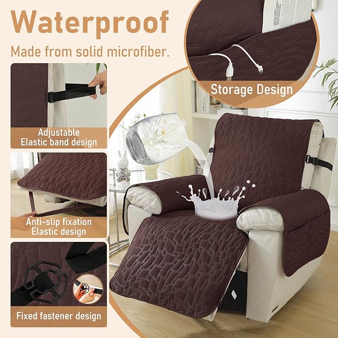 Recliner Covers That Stay in Place, 100% Waterproof Non-Slip Recliner Chair Covers with Pocket, Elastic Straps, Washable Reclining Chair Protector for Kids, Pets, Dog, Cat,Dark Coffee,28IN