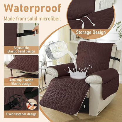 Recliner Covers That Stay in Place, 100% Waterproof Non-Slip Recliner Chair Covers with Pocket, Elastic Straps, Washable Reclining Chair Protector for Kids, Pets, Dog, Cat,Dark Coffee,28IN