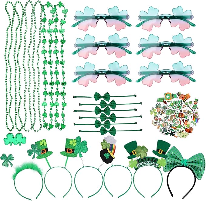 St Patricks Day Party Favors, St Patricks Day Accessories with Shamrock Necklace Eyeglasses Stickers Bows Headbands, St Patricks Day Gifts for Kids Adults (Pack of 74)