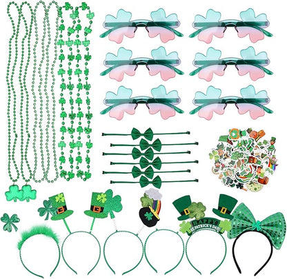 St Patricks Day Party Favors, St Patricks Day Accessories with Shamrock Necklace Eyeglasses Stickers Bows Headbands, St Patricks Day Gifts for Kids Adults (Pack of 74)