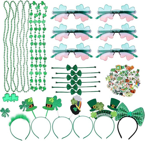 St Patricks Day Party Favors, St Patricks Day Accessories with Shamrock Necklace Eyeglasses Stickers Bows Headbands, St Patricks Day Gifts for Kids Adults (Pack of 74)