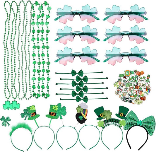 St Patricks Day Party Favors, St Patricks Day Accessories with Shamrock Necklace Eyeglasses Stickers Bows Headbands, St Patricks Day Gifts for Kids Adults (Pack of 74)