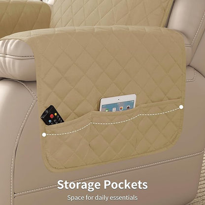 CHUN YI Recliner Chair Cover, Non-Slip Recliner Covers That Stay in Place, Washable Lazy Boy Recliner Covers with Pockets, Water Resistant Recliner Slipcover for Pets (Khaki, Small Recliner)