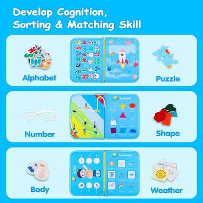 Toddler Busy Board Montessori Toys for 1 2 3 4 Year Old Boys Birthday Gifts - Educational Learning Busy Book Sensory Toys for Toddlers 1-3 - Airplane Car Travel Activities Toys for Kids Ages 2-4