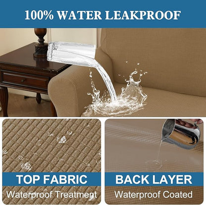 100% Waterproof Jacquard Fabric Couch Cover, Dual Layer with TPU Film, Leakproof High Elasticity Non-Slip Washable Furniture Protector for Pets, Dogs, Cats and Kids (Loveseat,Leather Brown)