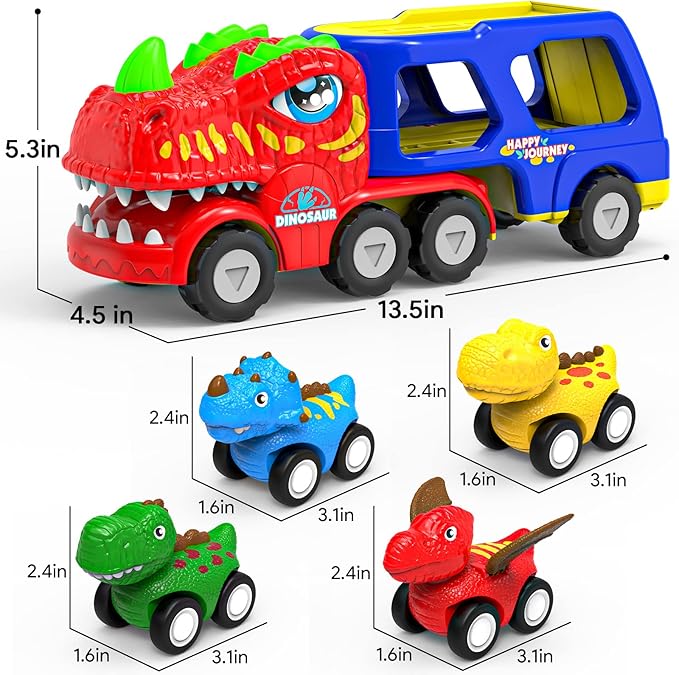 Toys for 1 2 3 4 Year Old Boys Girls, 5 in 1 Toy Trucks for Boys Age 2-3 with 4 Dinosaur Toy Cars for Toddlers 1-3