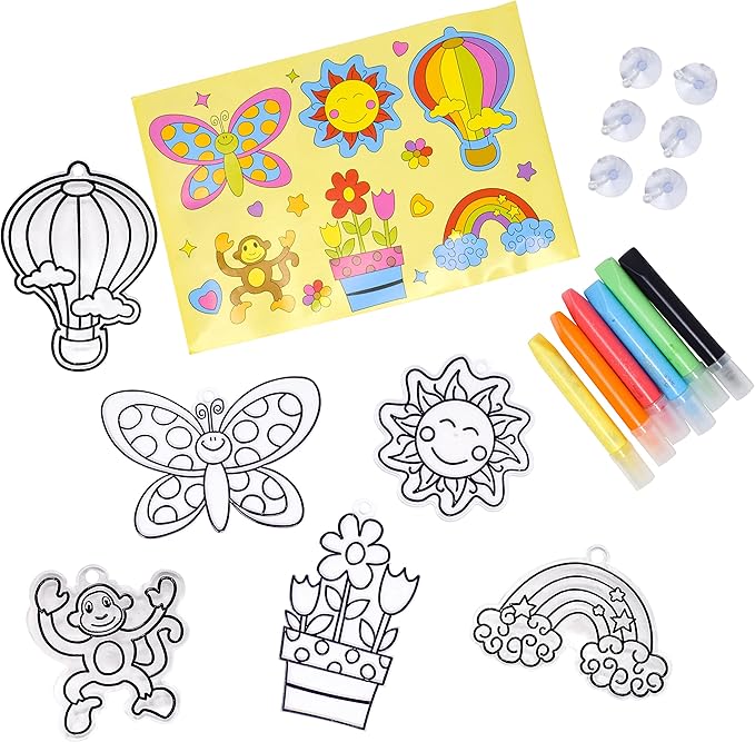 Sunny Days Entertainment Studio DIY Window Art | Kids Stained Glass Window Kit with 12 Sun Catchers, 6 Colored Paint Pens, and Bonus Sticker Sheet