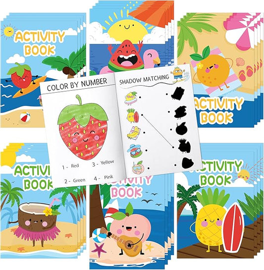 Summer Activity Books for Kids - 24Pcs Coloring Fruits Books Set Bulk Summer Tropical Search Mazes Word Scramble Games Mini Books for Party Goodie Bags Stuffers School Classroom Favors