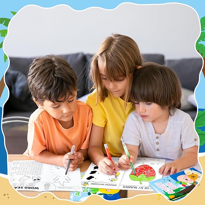 Summer Activity Books for Kids - 24Pcs Coloring Fruits Books Set Bulk Summer Tropical Search Mazes Word Scramble Games Mini Books for Party Goodie Bags Stuffers School Classroom Favors